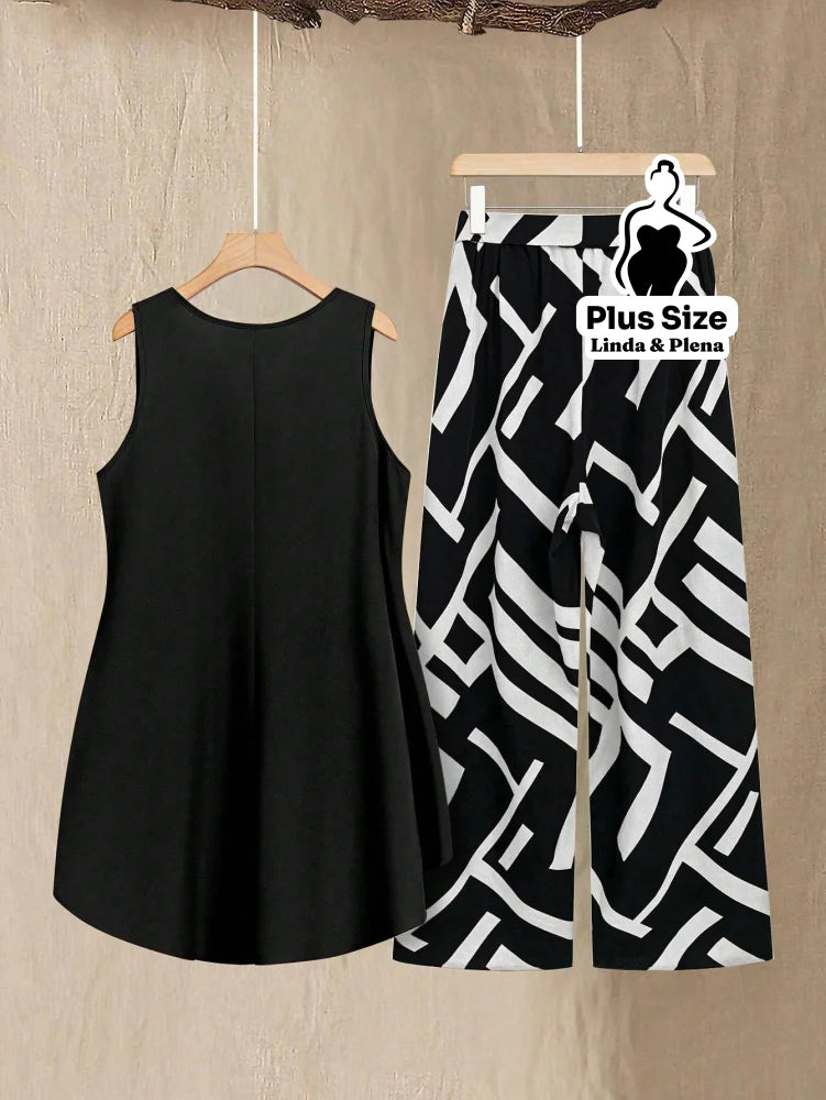 Conjunto Regata Assimétrica com Calça Estampada Plus Size Conjunto Regata Assimétrica com Calça Estampada Plus Size