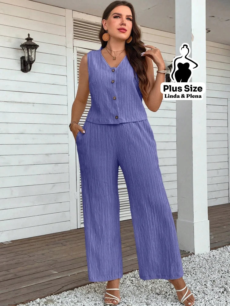 Conjunto Regata com Botões e Calça de Amarração Plus Size Conjunto Regata com Botões e Calça de Amarração Plus Size