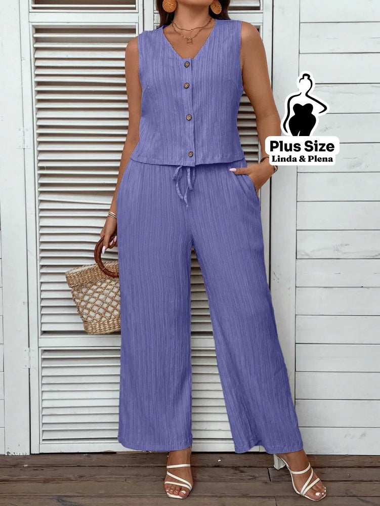 Conjunto Regata com Botões e Calça de Amarração Plus Size Conjunto Regata com Botões e Calça de Amarração Plus Size