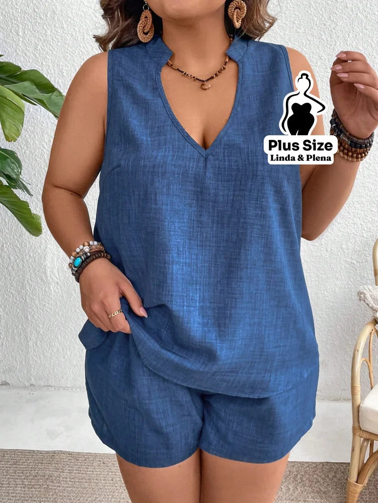 Conjunto Regata com Shorts Jeans Leve e Soltinho Plus Size Conjunto Regata com Shorts Jeans Leve e Soltinho Plus Size
