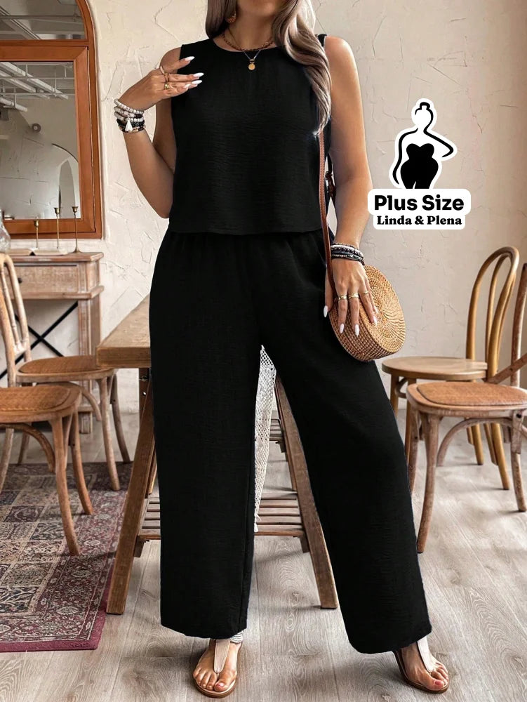 Conjunto Regata Cropped Pantalona Cós Alto Plus Size Conjunto Regata Cropped Pantalona Cós Alto Plus Size