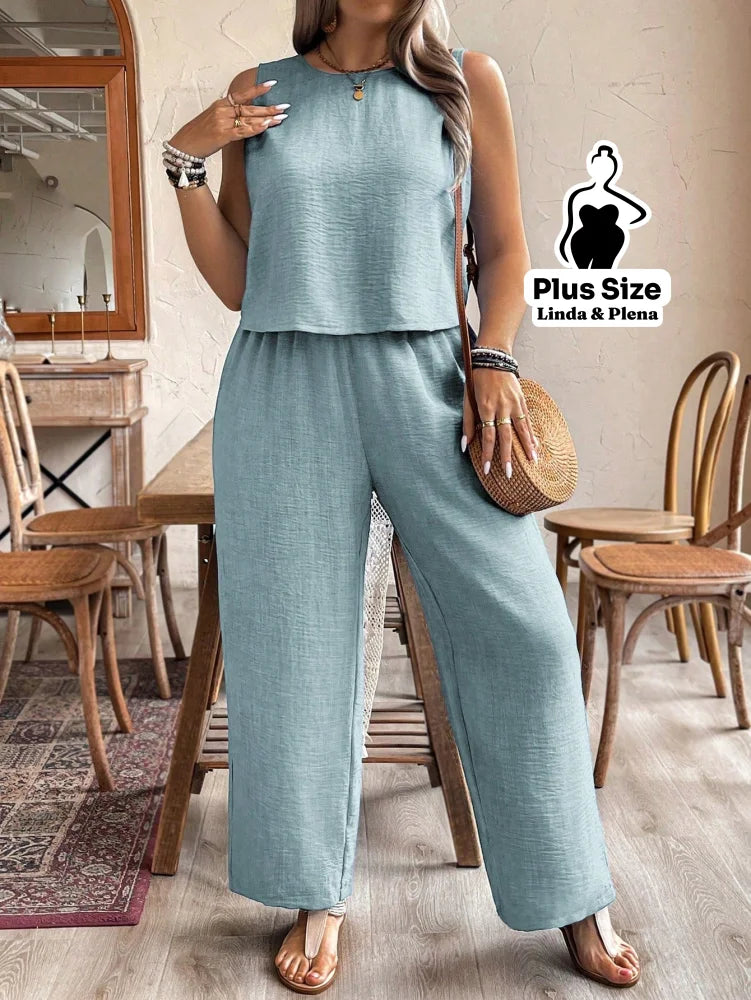 Conjunto Regata Cropped Pantalona Cós Alto Plus Size Conjunto Regata Cropped Pantalona Cós Alto Plus Size