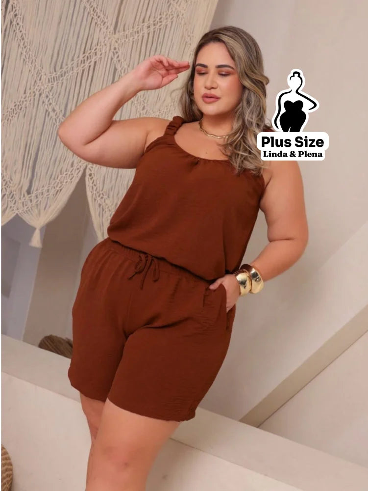 Conjunto Regata Cropped Shorts Cós Ajustável Plus Size Conjunto Regata Cropped Shorts Cós Ajustável Plus Size