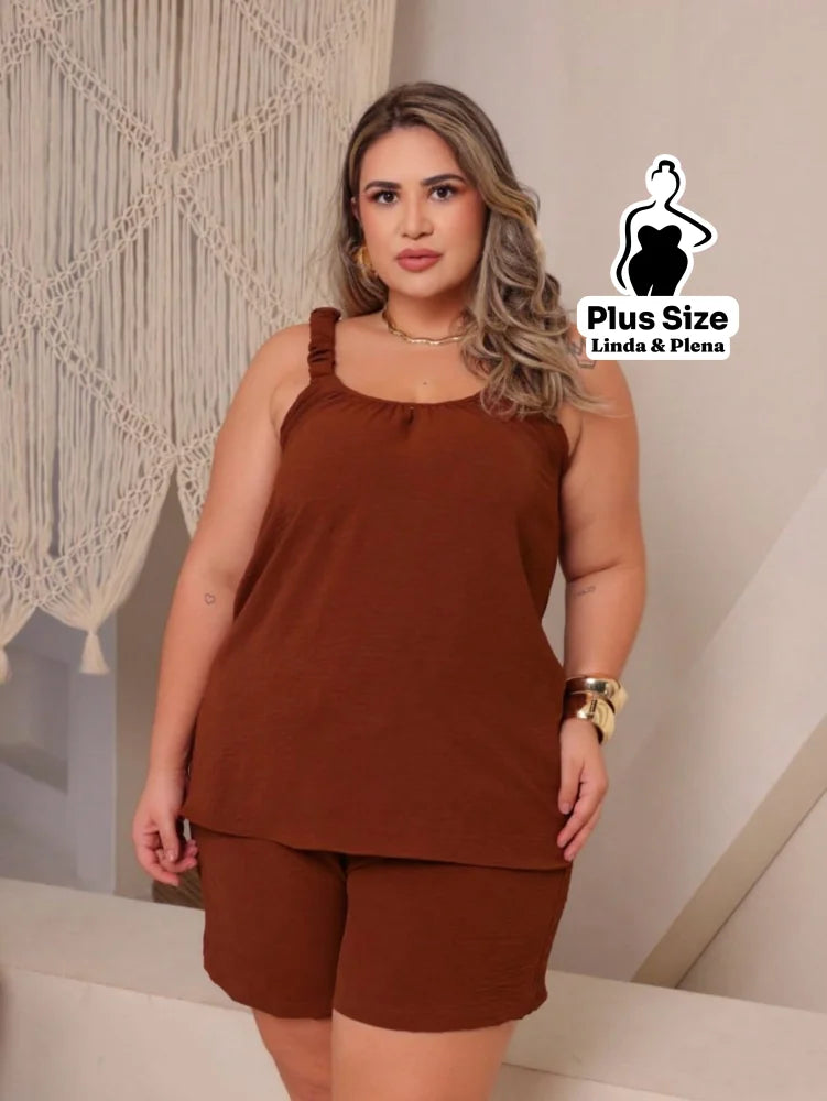 Conjunto Regata Cropped Shorts Cós Ajustável Plus Size Conjunto Regata Cropped Shorts Cós Ajustável Plus Size