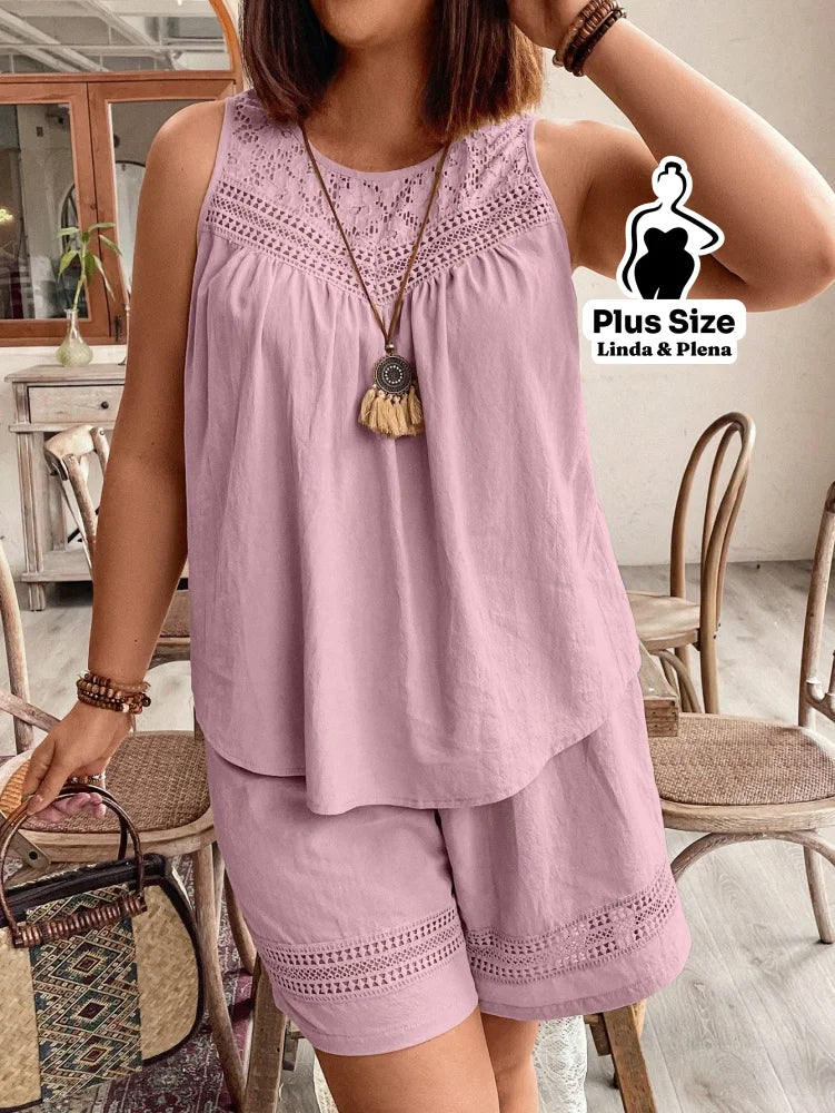 Conjunto Regata Detalhe Renda Shorts Cós Elástico Plus Size Conjunto Regata Detalhe Renda Shorts Cós Elástico Plus Size