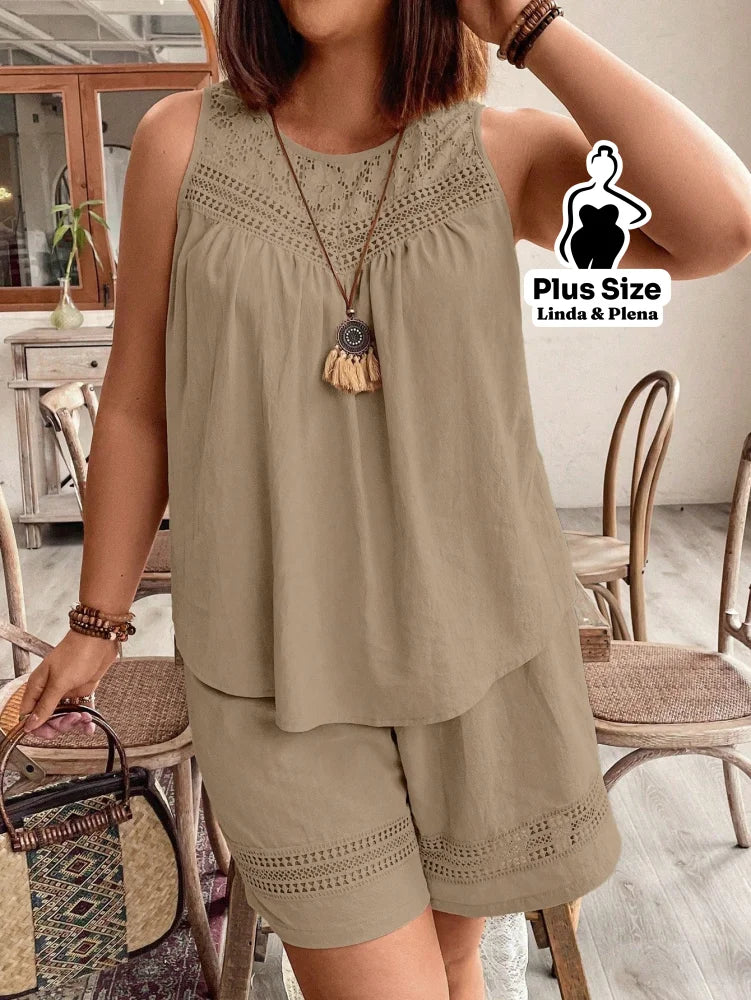Conjunto Regata Detalhe Renda Shorts Cós Elástico Plus Size Conjunto Regata Detalhe Renda Shorts Cós Elástico Plus Size