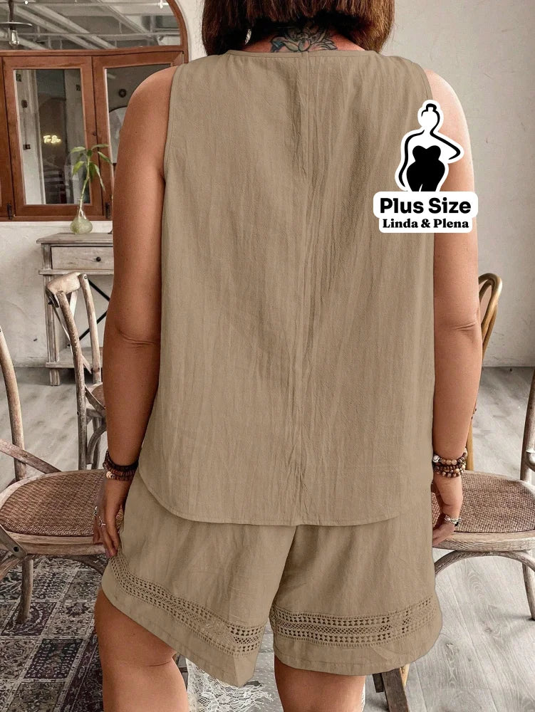 Conjunto Regata Detalhe Renda Shorts Cós Elástico Plus Size Conjunto Regata Detalhe Renda Shorts Cós Elástico Plus Size