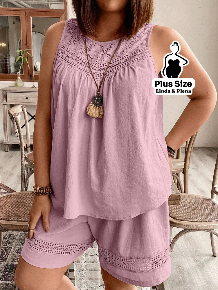 Conjunto Regata Detalhe Renda Shorts Cós Elástico Plus Size Conjunto Regata Detalhe Renda Shorts Cós Elástico Plus Size