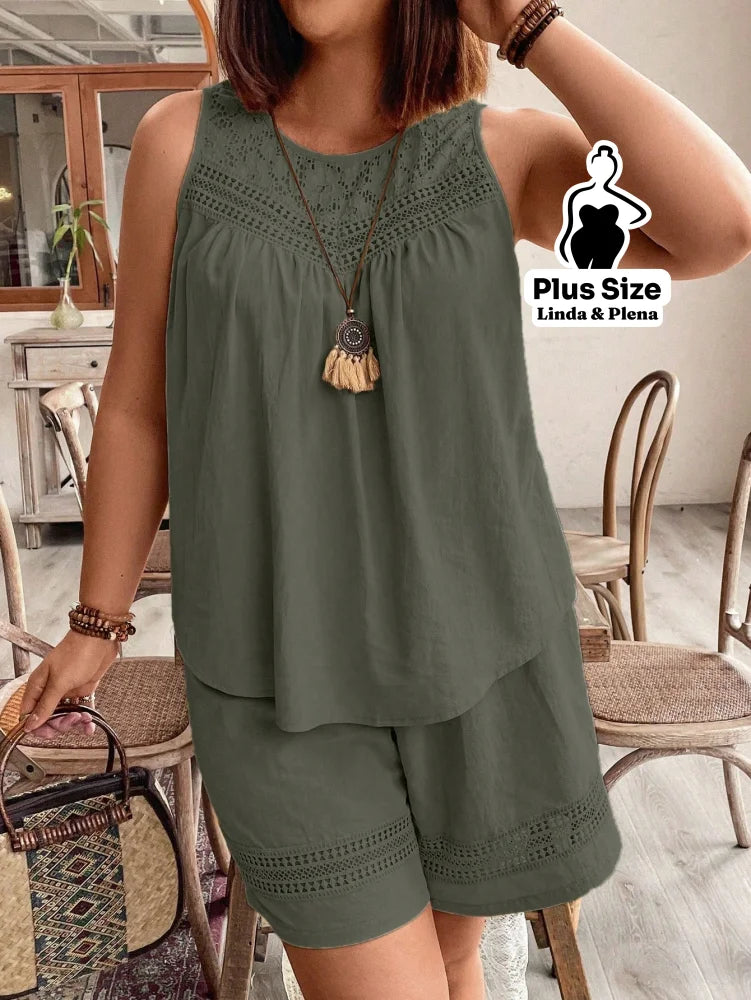 Conjunto Regata Detalhe Renda Shorts Cós Elástico Plus Size Conjunto Regata Detalhe Renda Shorts Cós Elástico Plus Size