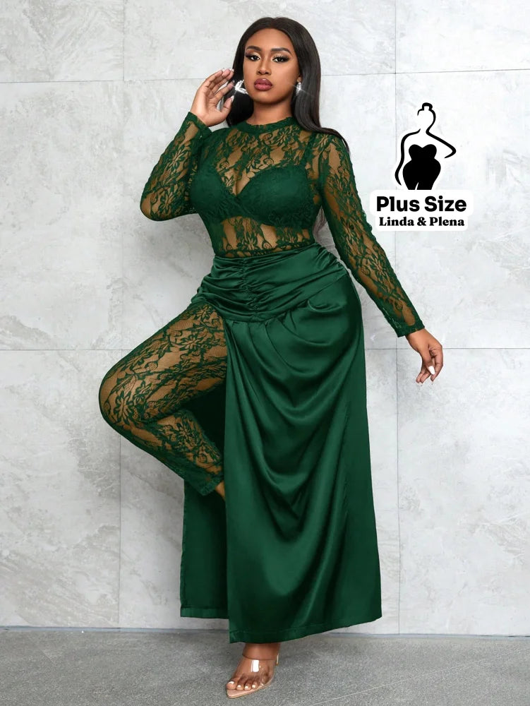 Conjunto Renda Com Saia Longa E Detalhe Cetim Plus Size Conjunto Renda Com Saia Longa E Detalhe Cetim Plus Size