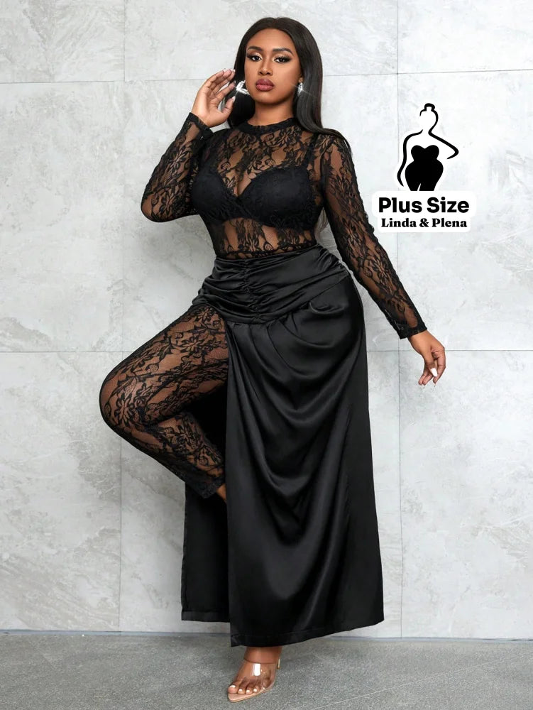 Conjunto Renda Com Saia Longa E Detalhe Cetim Plus Size Conjunto Renda Com Saia Longa E Detalhe Cetim Plus Size