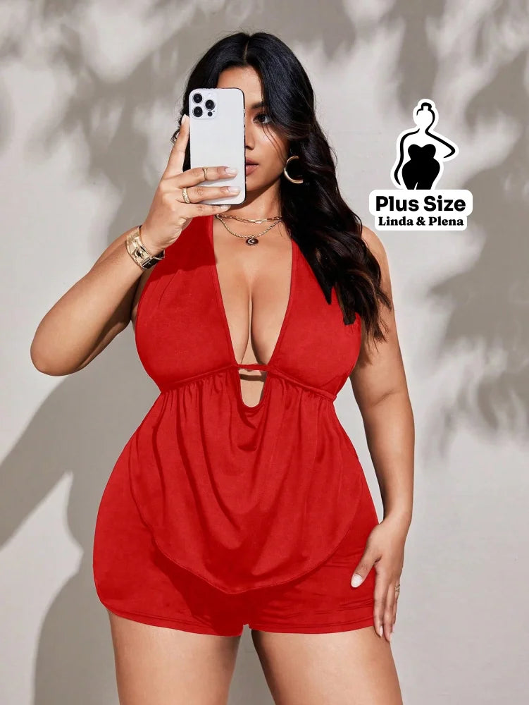Conjunto Shortinho Com Decote Profundo E Amarração Plus Size Conjunto Shortinho Com Decote Profundo E Amarração Plus