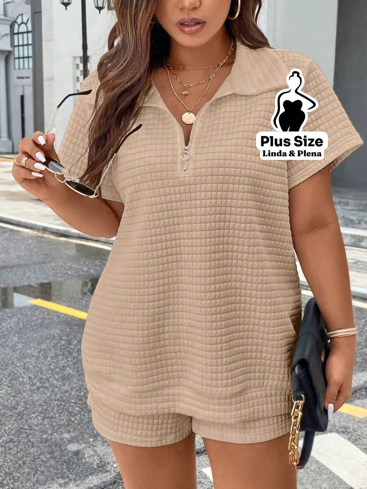 Conjunto Texturizado Com Zíper E Gola Polo Plus Size Damasco / G Conjunto Texturizado Com Zíper E Gola Polo Plus Size