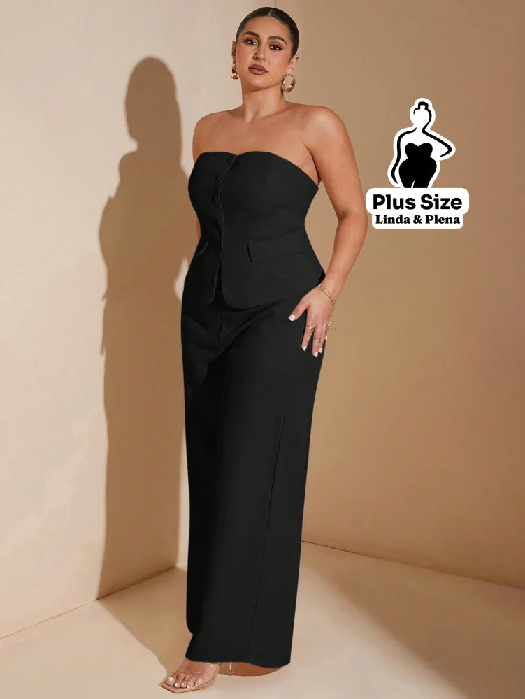 Conjunto Tomara Que Caia Botões Pantalona Cintura Alta Plus Size Conjunto Tomara Que Caia Botões Pantalona Cintura Alta