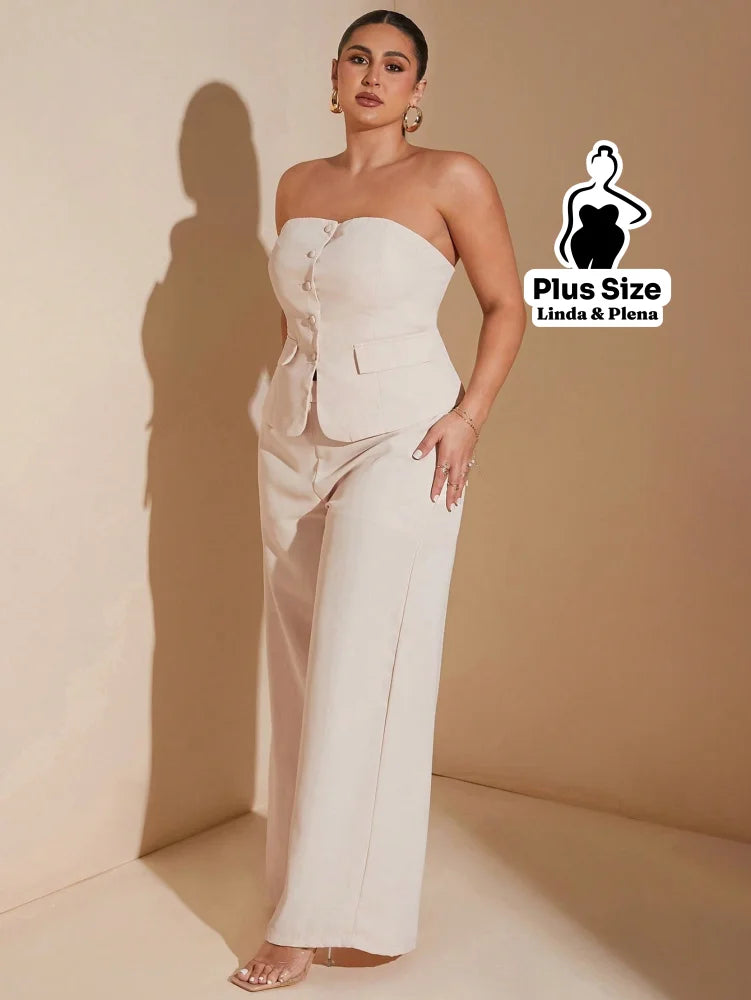 Conjunto Tomara Que Caia Botões Pantalona Cintura Alta Plus Size Conjunto Tomara Que Caia Botões Pantalona Cintura Alta
