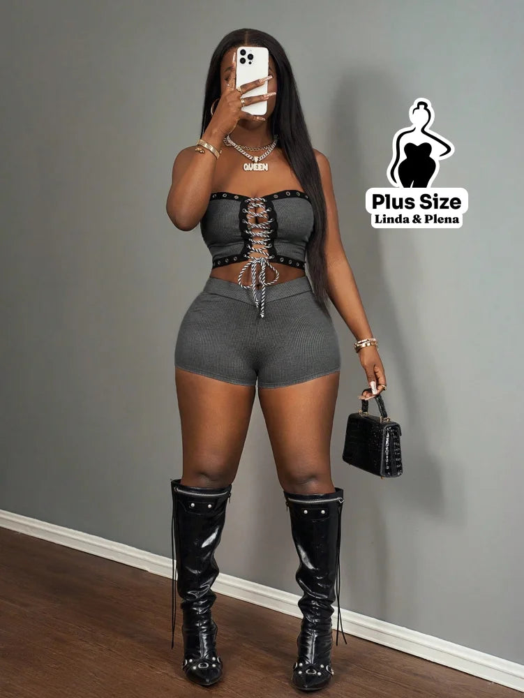 Conjunto Tomara Que Caia Com Amarração Frontal E Short Plus Size Conjunto Tomara Que Caia Com Amarração Frontal E Short
