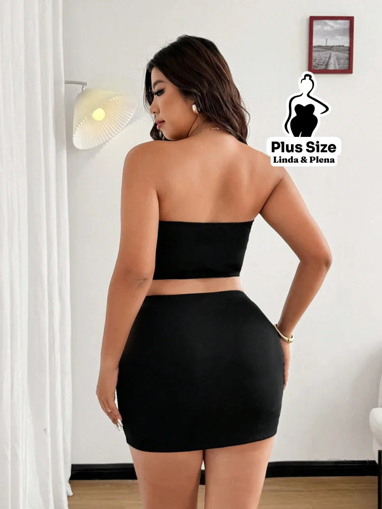 Conjunto Tomara Que Caia Com Flor E Saia Curta Justa Plus Size Conjunto Tomara Que Caia Com Flor E Saia Curta Justa