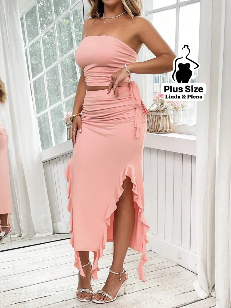 Conjunto Tomara Que Caia Com Saia Babados E Fenda Plus Size Conjunto Tomara Que Caia Com Saia Babados E Fenda Plus Size