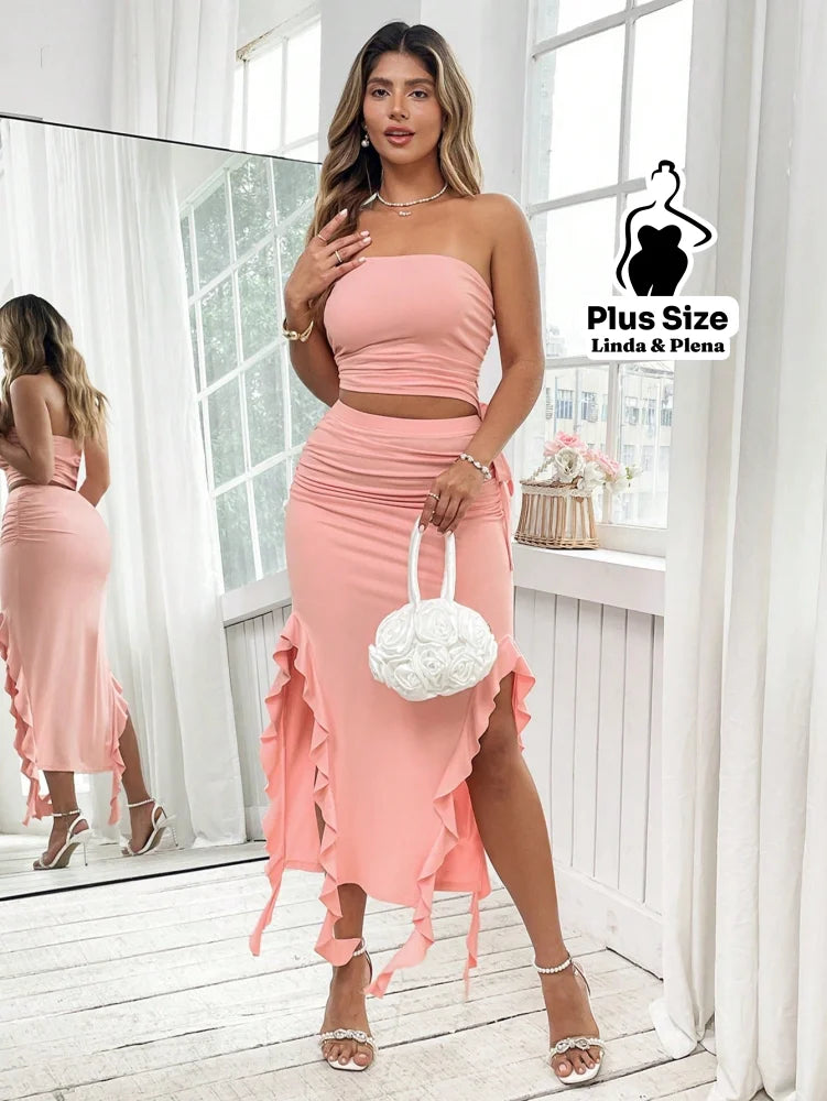 Conjunto Tomara Que Caia Com Saia Babados E Fenda Plus Size Conjunto Tomara Que Caia Com Saia Babados E Fenda Plus Size