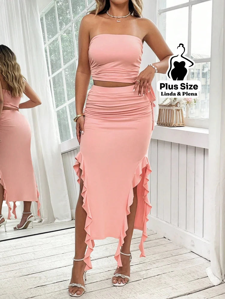 Conjunto Tomara Que Caia Com Saia Babados E Fenda Plus Size G Conjunto Tomara Que Caia Com Saia Babados E Fenda Plus