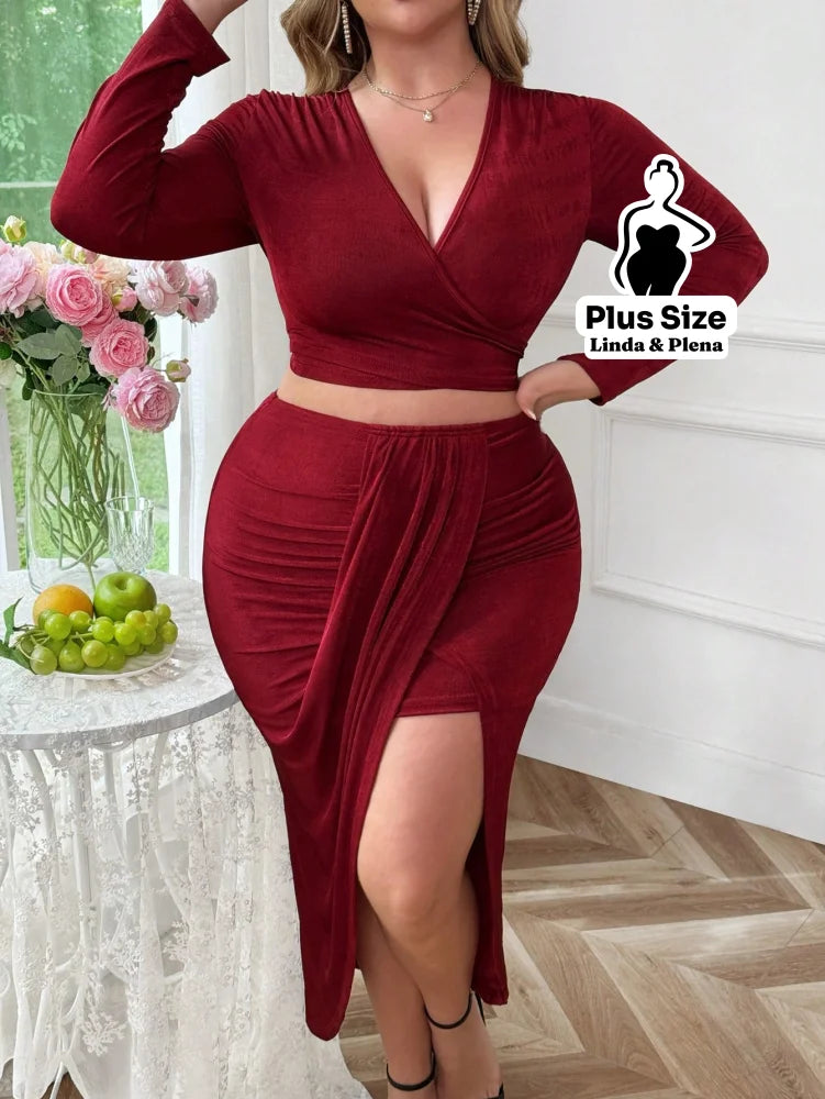 Conjunto Transpassado Com Cinto E Saia Fenda Frontal Plus Size Conjunto Transpassado Com Cinto E Saia Fenda Frontal