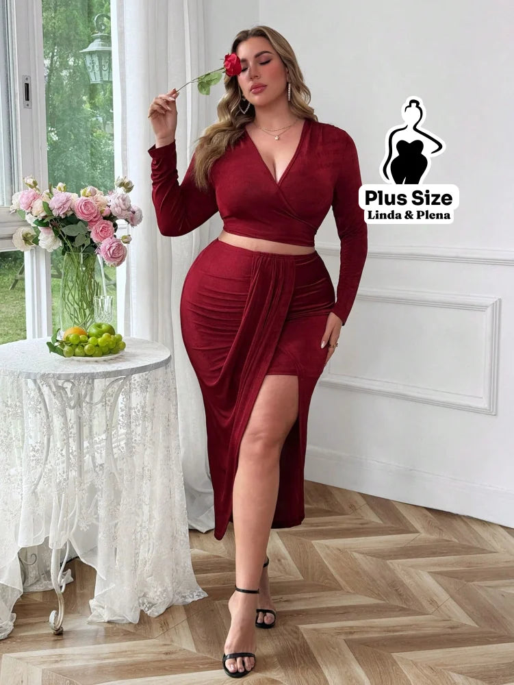 Conjunto Transpassado Com Cinto E Saia Fenda Frontal Plus Size Conjunto Transpassado Com Cinto E Saia Fenda Frontal