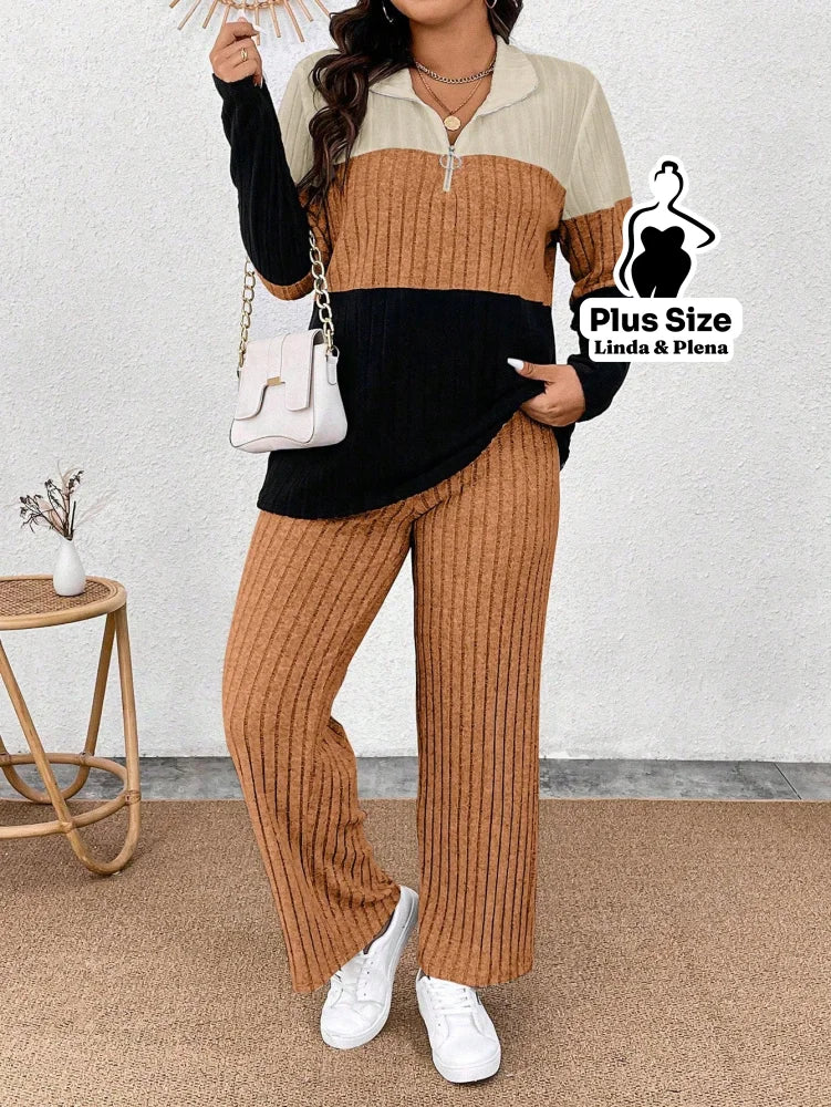 Conjunto Tricolor Canelado com Zíper e Bolsos Plus Size Conjunto Tricolor Canelado com Zíper e Bolsos Plus Size