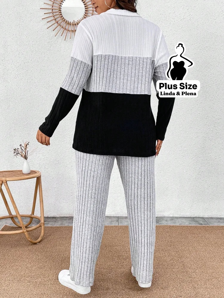 Conjunto Tricolor Canelado com Zíper e Bolsos Plus Size Conjunto Tricolor Canelado com Zíper e Bolsos Plus Size