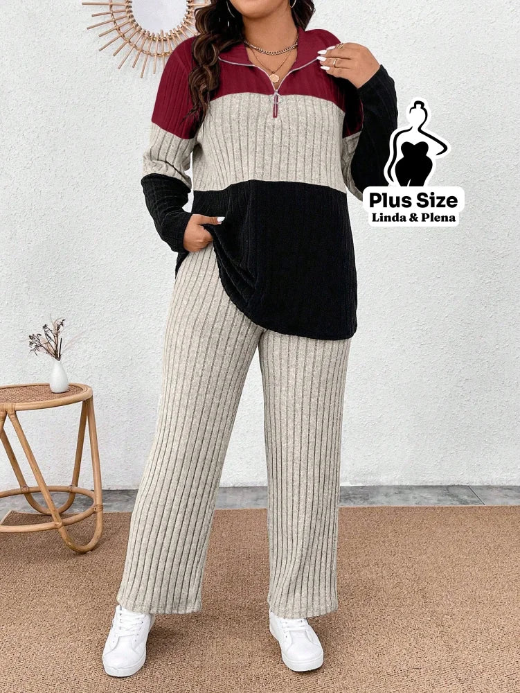Conjunto Tricolor Canelado com Zíper e Bolsos Plus Size Conjunto Tricolor Canelado com Zíper e Bolsos Plus Size