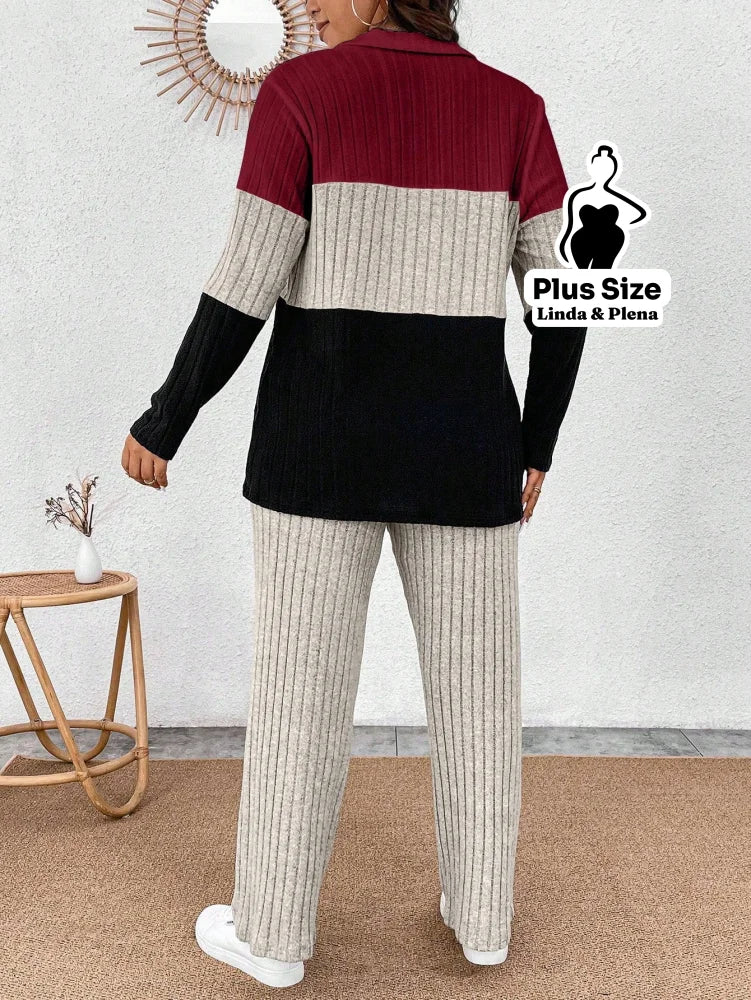 Conjunto Tricolor Canelado com Zíper e Bolsos Plus Size Conjunto Tricolor Canelado com Zíper e Bolsos Plus Size