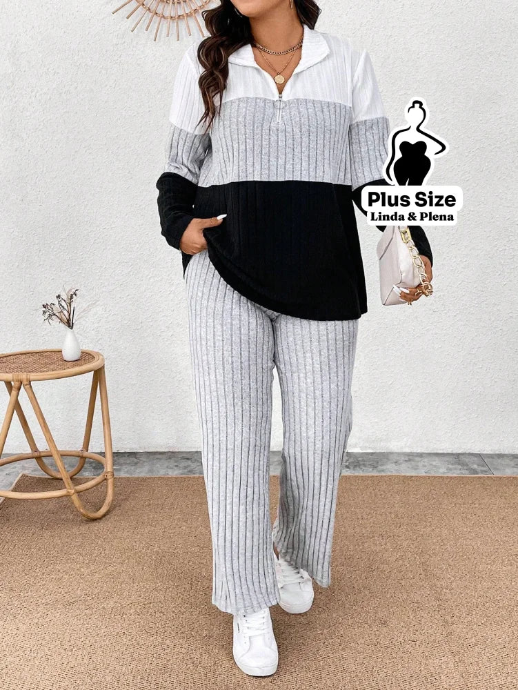 Conjunto Tricolor Canelado com Zíper e Bolsos Plus Size Conjunto Tricolor Canelado com Zíper e Bolsos Plus Size