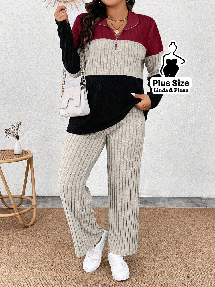 Conjunto Tricolor Canelado com Zíper e Bolsos Plus Size Conjunto Tricolor Canelado com Zíper e Bolsos Plus Size