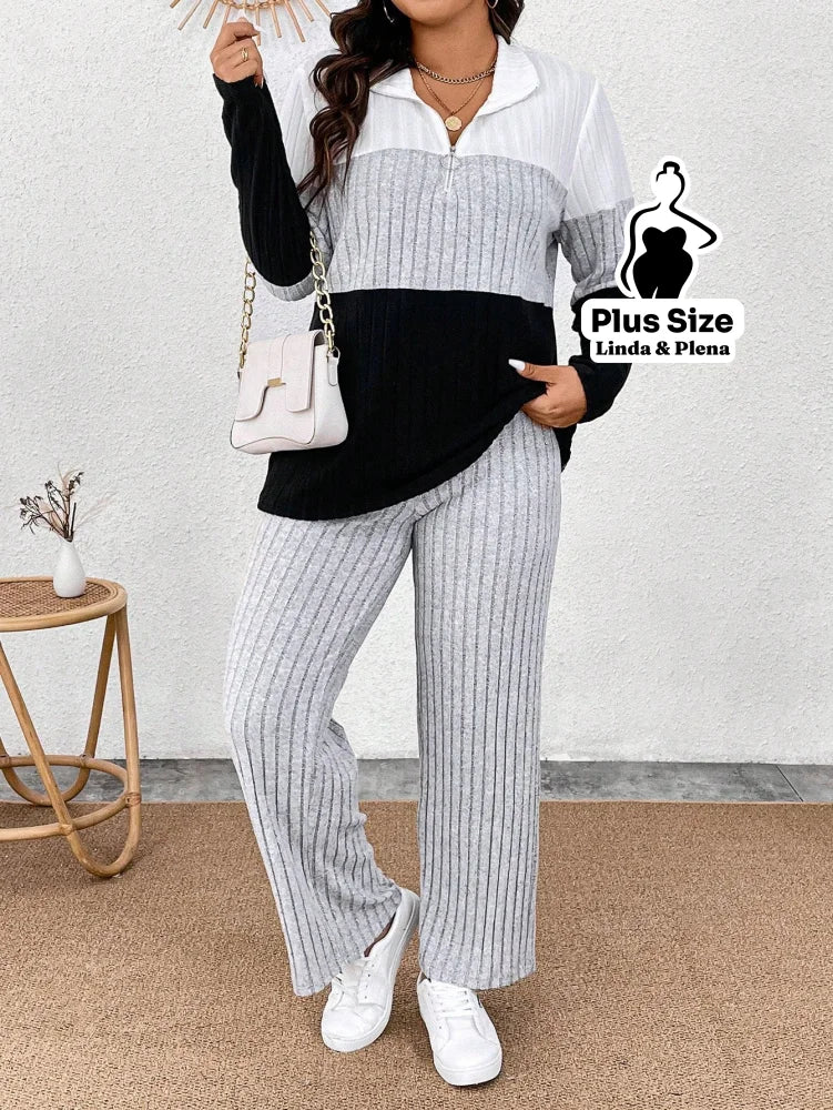 Conjunto Tricolor Canelado com Zíper e Bolsos Plus Size Conjunto Tricolor Canelado com Zíper e Bolsos Plus Size
