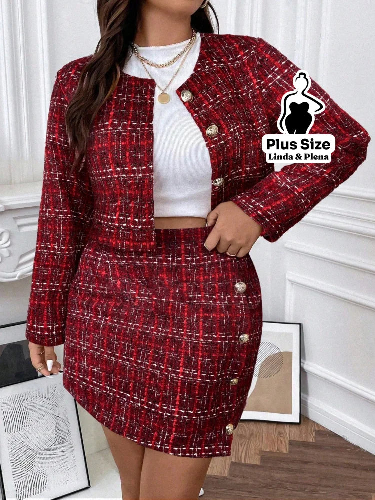 Conjunto Tweed Com Botões E Saia Curta Elegante Plus Size Conjunto Tweed Com Botões E Saia Curta Elegante Plus Size