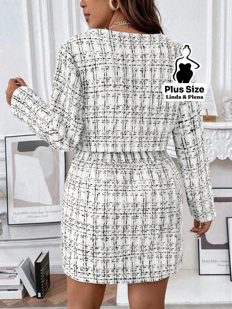 Conjunto Tweed Com Botões E Saia Curta Elegante Plus Size Conjunto Tweed Com Botões E Saia Curta Elegante Plus Size