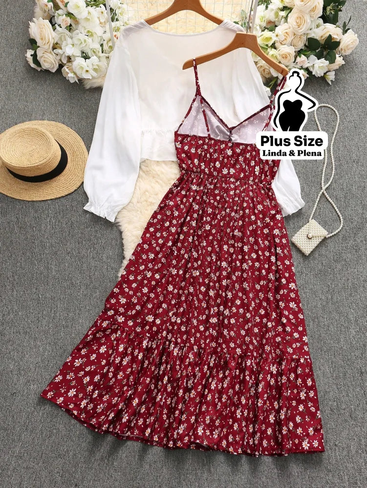 Conjunto Vestido Alça Fina Babados Saída Manga Longa Plus Size Conjunto Vestido Alça Fina Babados Saída Manga Longa