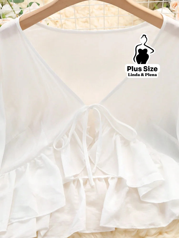 Conjunto Vestido Alça Fina Babados Saída Manga Longa Plus Size Conjunto Vestido Alça Fina Babados Saída Manga Longa