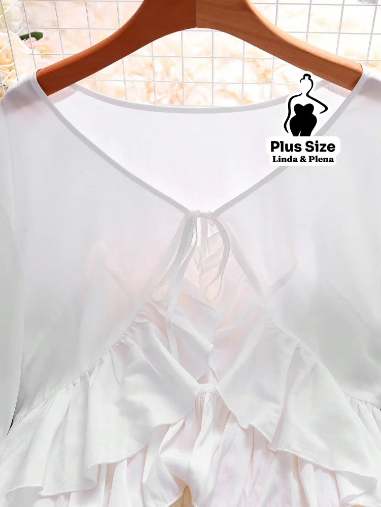 Conjunto Vestido Alça Fina Babados Saída Manga Longa Plus Size Conjunto Vestido Alça Fina Babados Saída Manga Longa