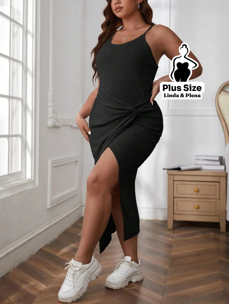 Conjunto Vestido Canelado Com Fenda E Cardigan Plus Size Conjunto Vestido Canelado Com Fenda E Cardigan Plus Size