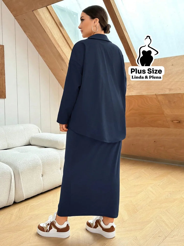 Conjunto Vestido Canelado Longo Com Camisa Lisa Plus Size Conjunto Vestido Canelado Longo Com Camisa Lisa Plus Size