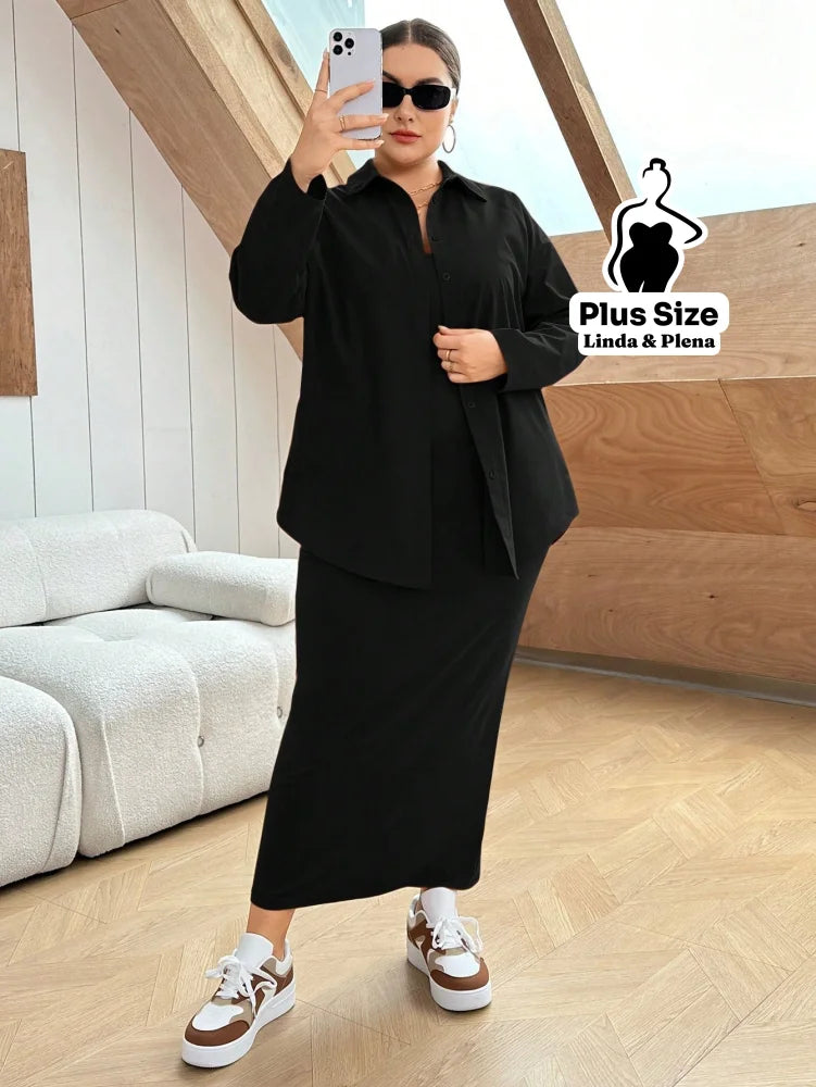 Conjunto Vestido Canelado Longo Com Camisa Lisa Plus Size Conjunto Vestido Canelado Longo Com Camisa Lisa Plus Size