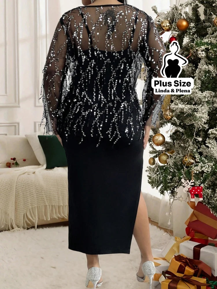Conjunto Vestido Fenda Lateral Com Tule Bordado Plus Size Conjunto Vestido Fenda Lateral Com Tule Bordado Plus Size