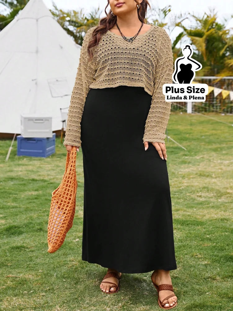 Conjunto Vestido Longo Com Blusa De Crochê Leve Plus Size Conjunto Vestido Longo Com Blusa De Crochê Leve Plus Size
