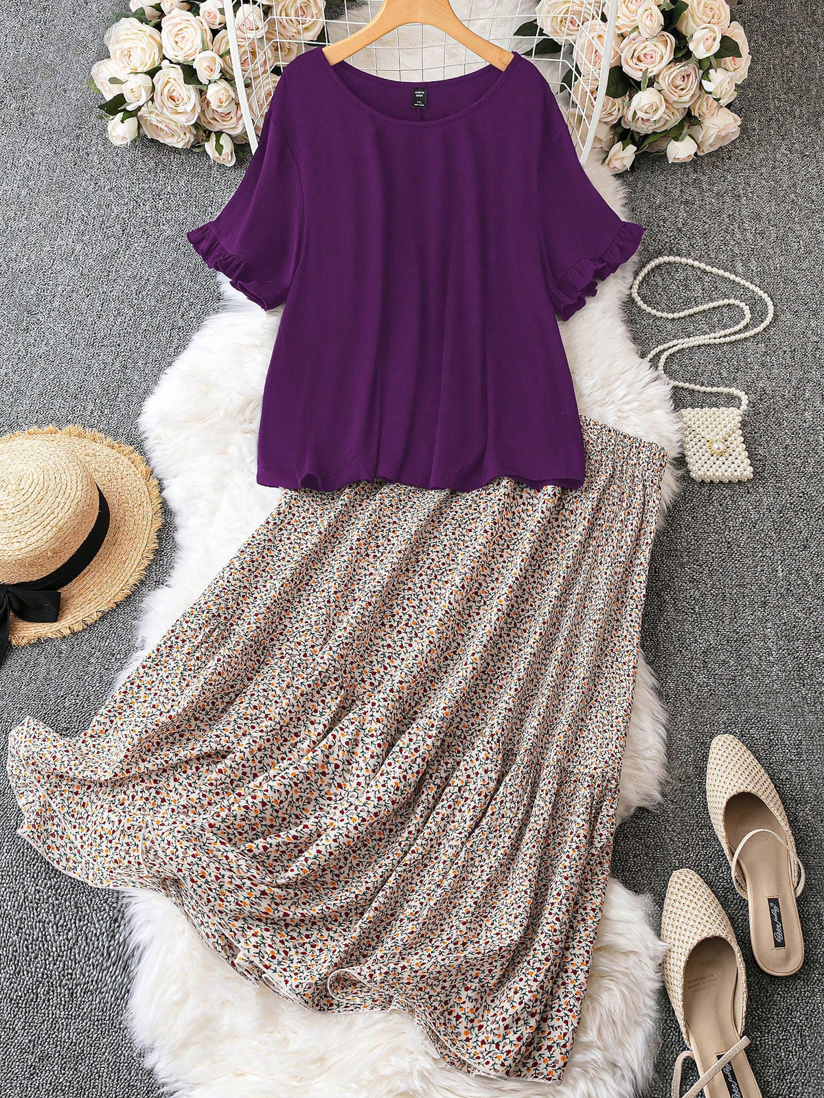 Conjunto Blusa Com Babados E Saia Midi Estampada Plus Size