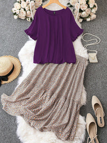 Conjunto Blusa Com Babados E Saia Midi Estampada Plus Size