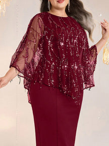 Conjunto Longo Com Capa De Tule E Brilho Elegante Plus Size