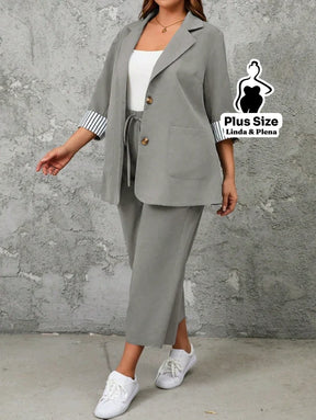 Conjunto Alfaiataria com Blazer e Calça de Amarração Plus Size Cinza Claro / G Conjunto Alfaiataria com Blazer e Calça