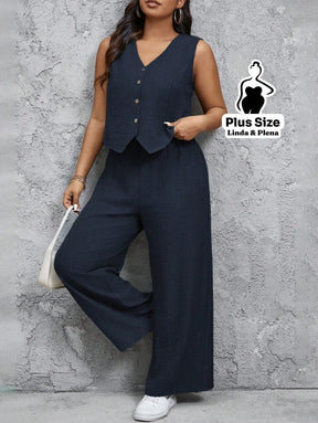 Conjunto Alfaiataria com Colete e Calça Solta Plus Size Conjunto Alfaiataria com Colete e Calça Solta Plus Size