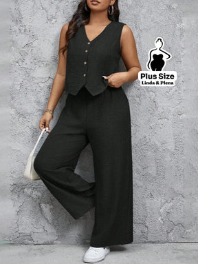 Conjunto Alfaiataria com Colete e Calça Solta Plus Size Conjunto Alfaiataria com Colete e Calça Solta Plus Size