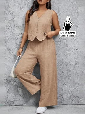 Conjunto Alfaiataria com Colete e Calça Solta Plus Size Conjunto Alfaiataria com Colete e Calça Solta Plus Size